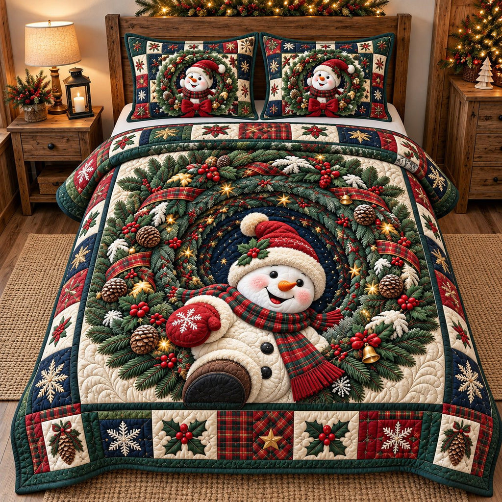 Pine Wreath Snowman quilted 3-piece bedding set on a made bed in a winter-styled bedroom