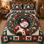 Pine Wreath Snowman quilted 3-piece bedding set on a made bed in a winter-styled bedroom
