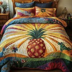 Pineapple Rainbow Gold quilted 3-piece bedding set on a made bed with two matching pillow shams