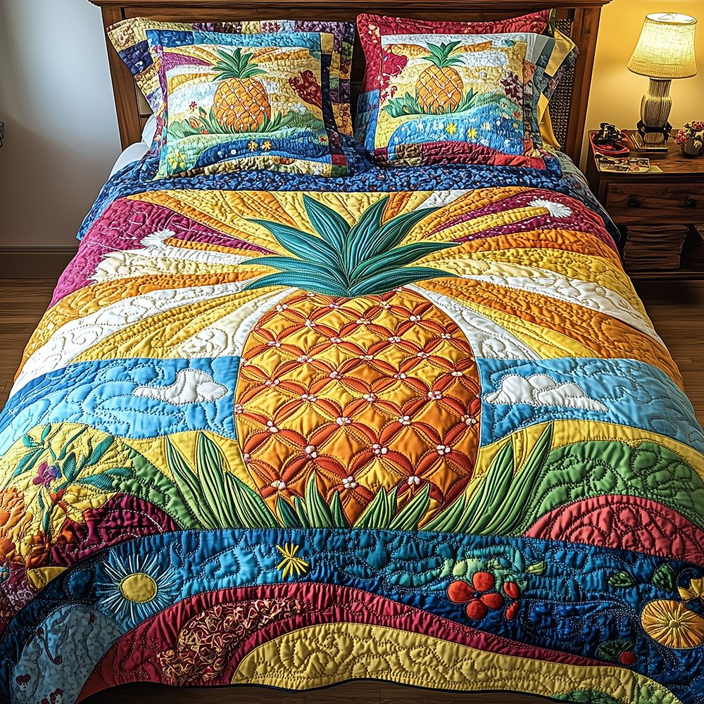 Pineapple Rays Blue quilted 3-piece bedding set on a made bed with two matching pillow shams