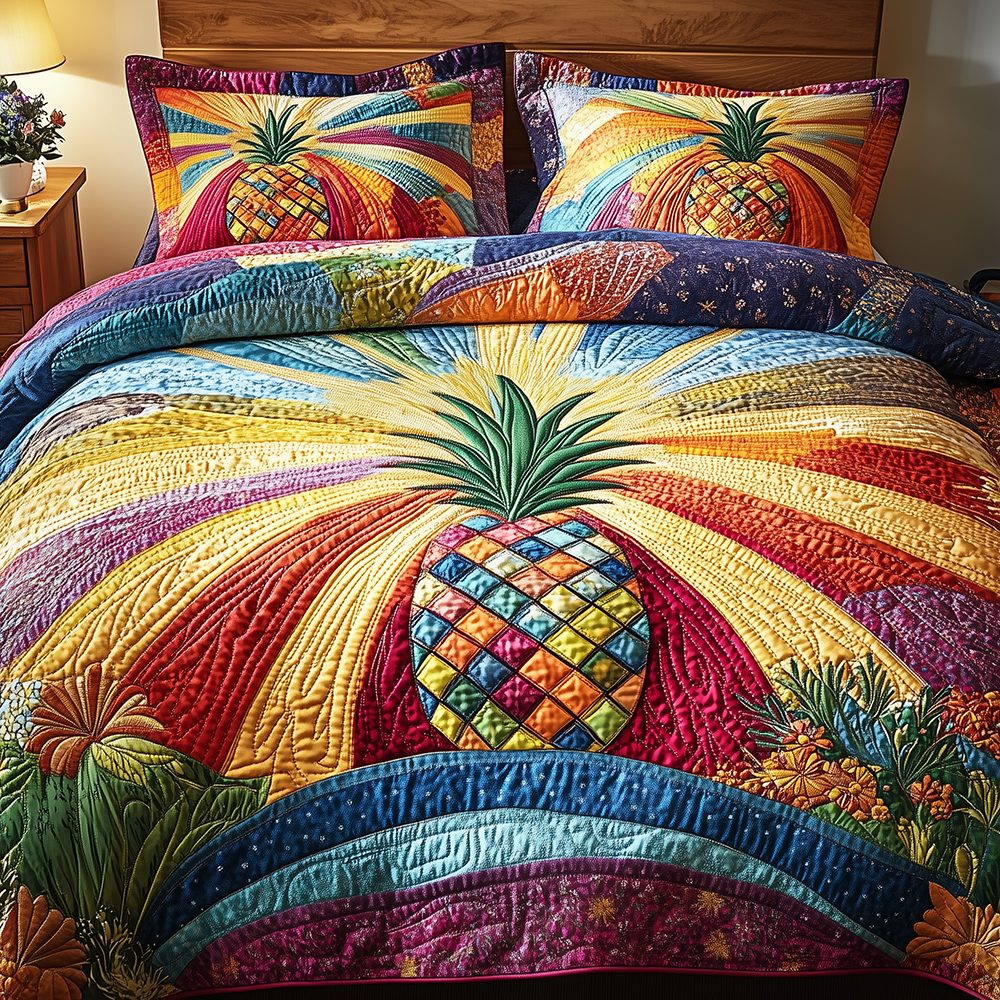 Pineapple Rays Bold quilted 3-piece bedding set on a made bed with two matching pillow shams