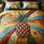 Pineapple Rays Rainbow quilted 3-piece bedding set on a made bed with two matching pillow shams