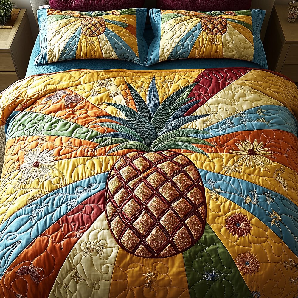 Pineapple Rays Rainbow quilted 3-piece bedding set on a made bed with two matching pillow shams