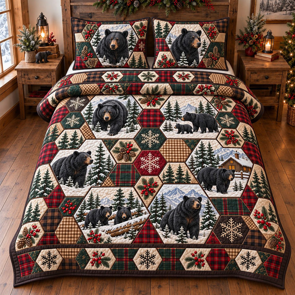 Pinecone Border Black Bear quilted 3-piece bedding set on a made bed with two matching pillow shams