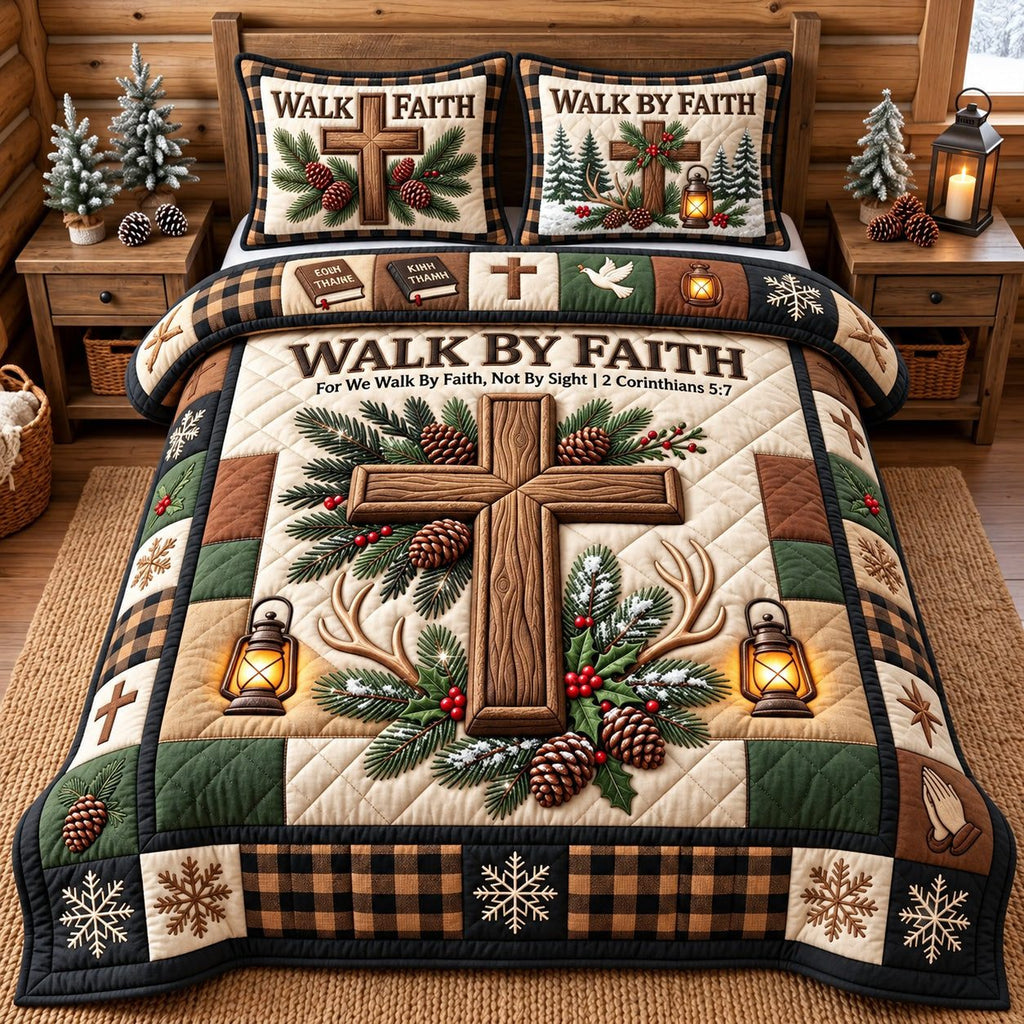 Pinecone Cross Walk By Faith quilted 3-piece bedding set on a made bed in a softly lit bedroom