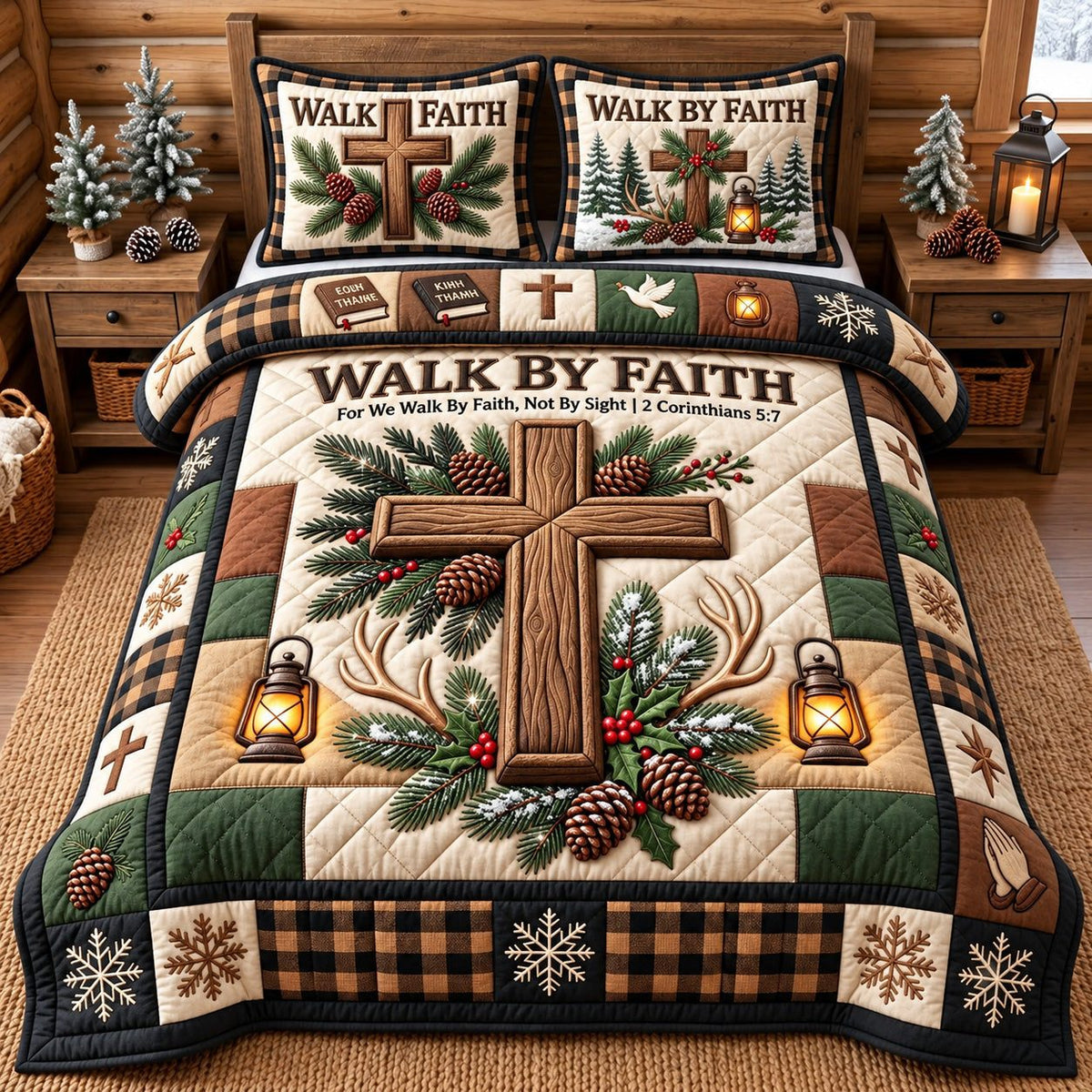 Pinecone Cross Walk By Faith quilted 3-piece bedding set on a made bed in a softly lit bedroom