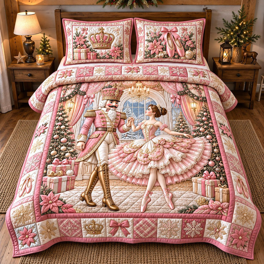 Pink Ballet Nutcracker Dream quilted 3-piece bedding set on a made bed in a winter-styled bedroom