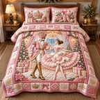 Pink Ballet Nutcracker Dream quilted 3-piece bedding set on a made bed in a winter-styled bedroom