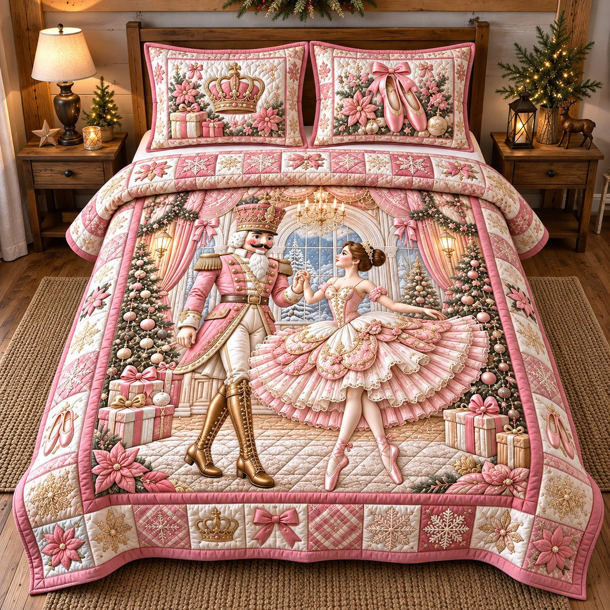 Pink Ballet Nutcracker Dream quilted 3-piece bedding set on a made bed in a winter-styled bedroom