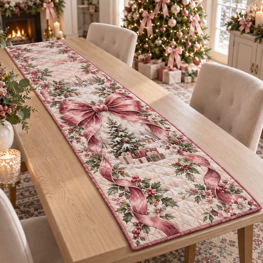 Pink Bow Christmas Quilted Table Runner — digital product visualization