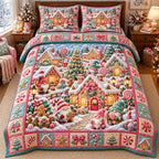 Pink Candy Gnome Village quilted 3-piece bedding set on a made bed with two matching pillow shams