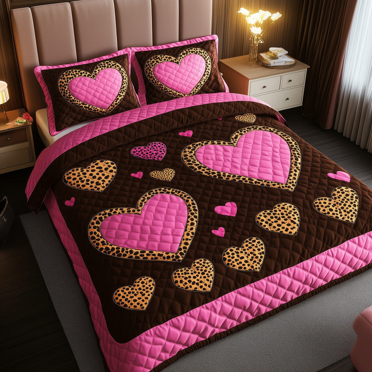 Pink Leopard Heart Soft quilted 3-piece bedding set on a made bed with two matching pillow shams