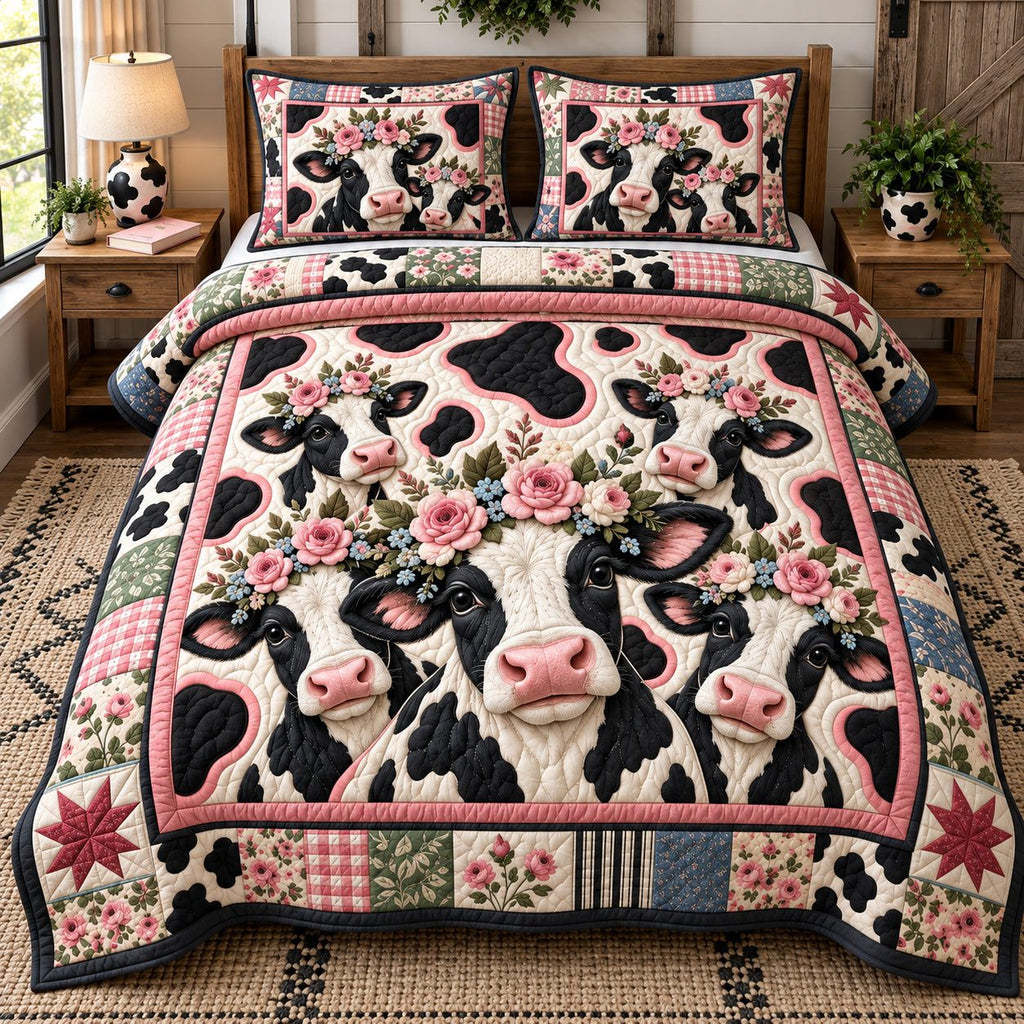 Pink Rose Cow Family quilted 3-piece bedding set on a made bed with two matching pillow shams