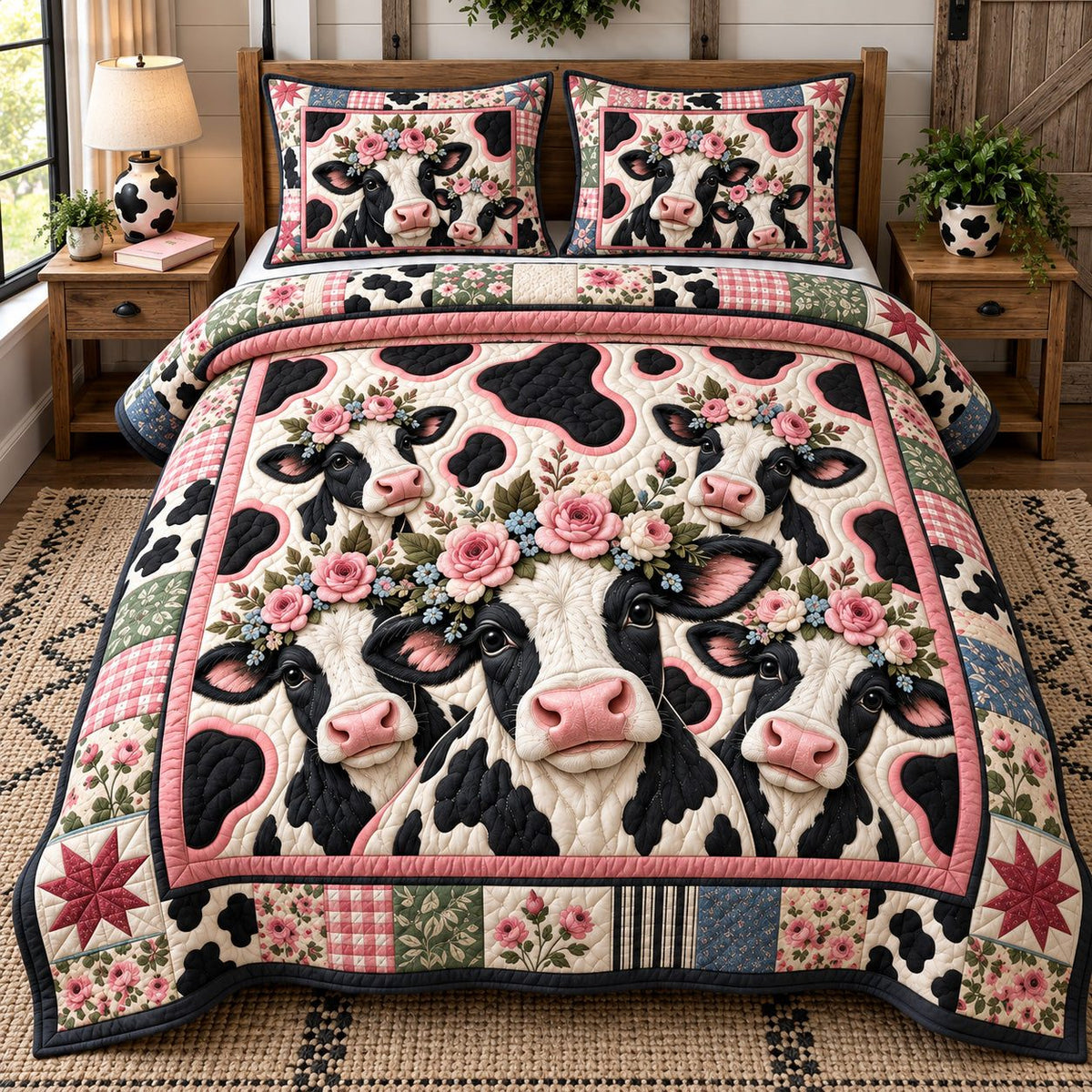 Pink Rose Cow Family quilted 3-piece bedding set on a made bed with two matching pillow shams