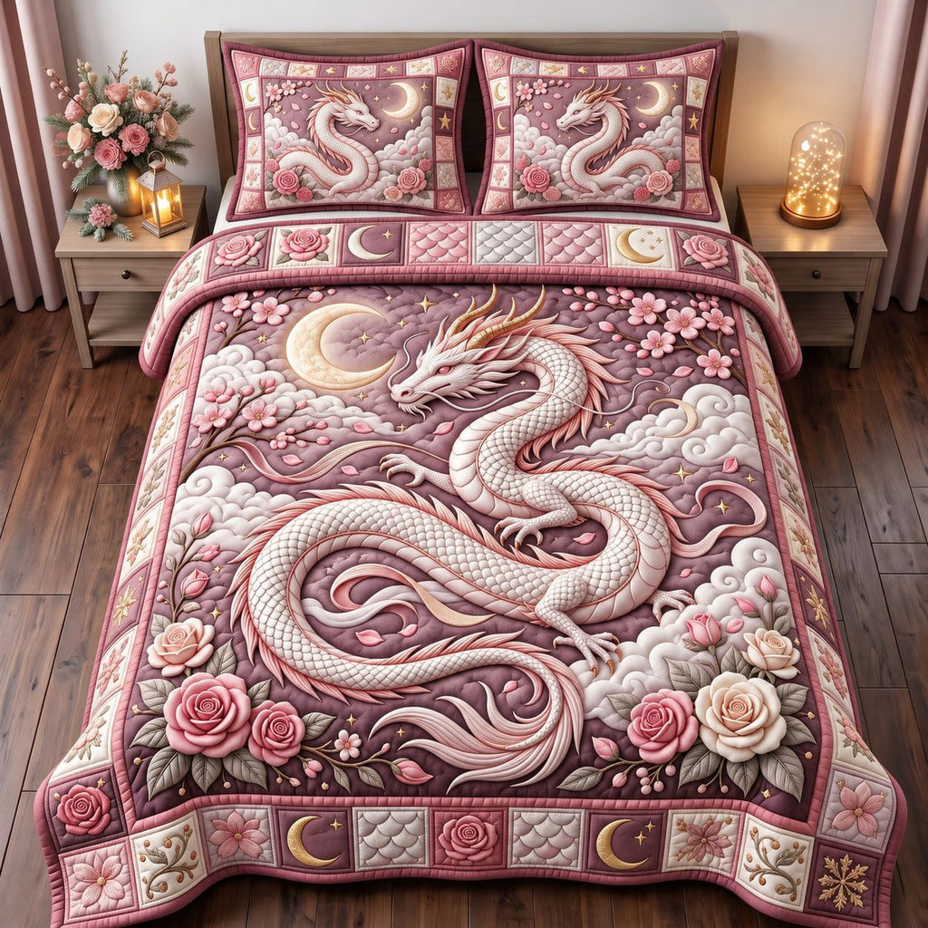 Pink Rose Moon Dragon quilted 3-piece bedding set on a made bed with two matching pillow shams