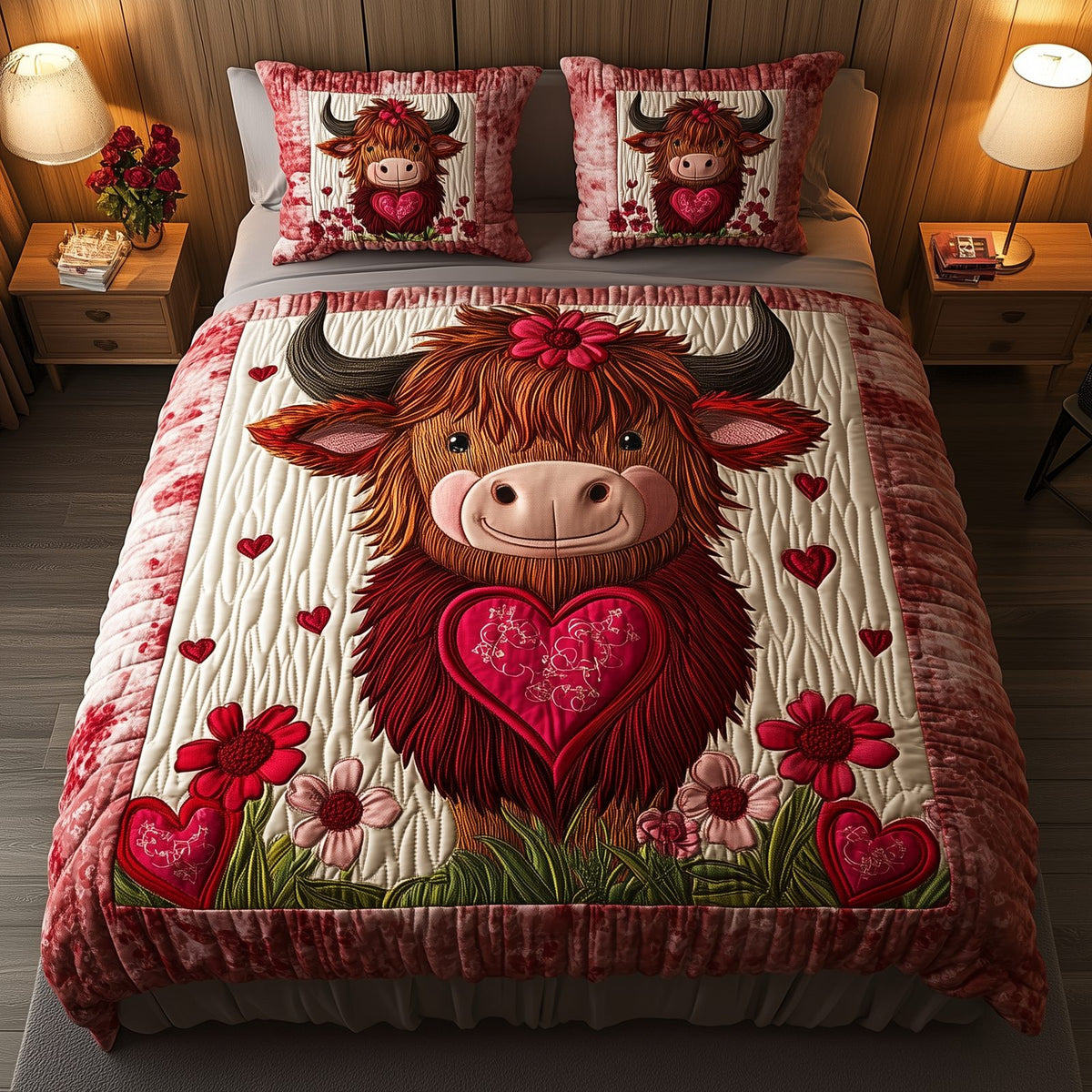 Pinky Highland Cow Bow quilted 3-piece bedding set on a made bed with two matching pillow shams