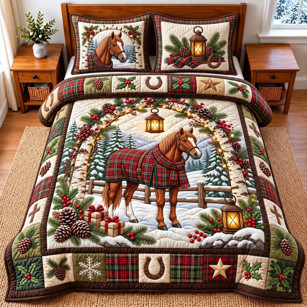 Plaid Blanket Lantern Snowy Horse quilted 3-piece bedding set on a made bed in a rustic timber bedroom