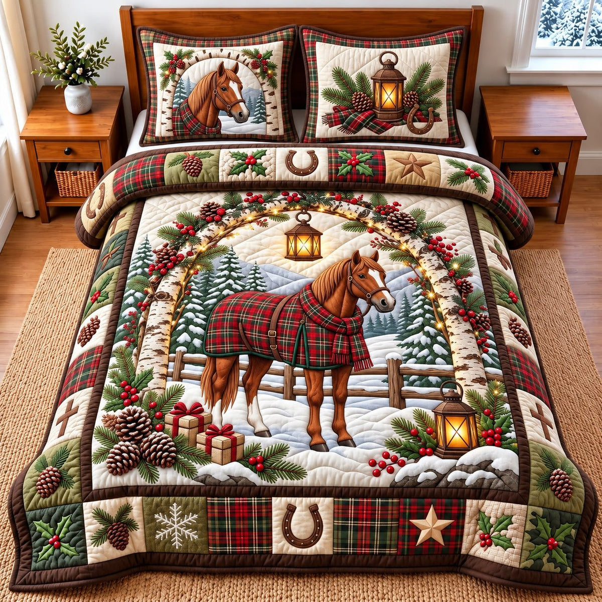 Plaid Blanket Lantern Snowy Horse quilted 3-piece bedding set on a made bed in a rustic timber bedroom