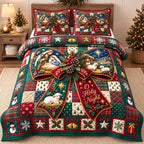 Plaid Bow O Holy Night quilted 3-piece bedding set on a made bed in a softly lit bedroom