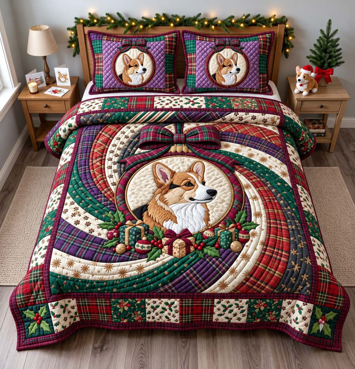 Plaid Corgi Christmas quilted 3-piece bedding set on a made bed in a winter-styled bedroom