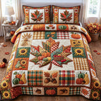 Plaid Harvest Leaf quilted 3-piece bedding set on a made bed in a farmhouse bedroom