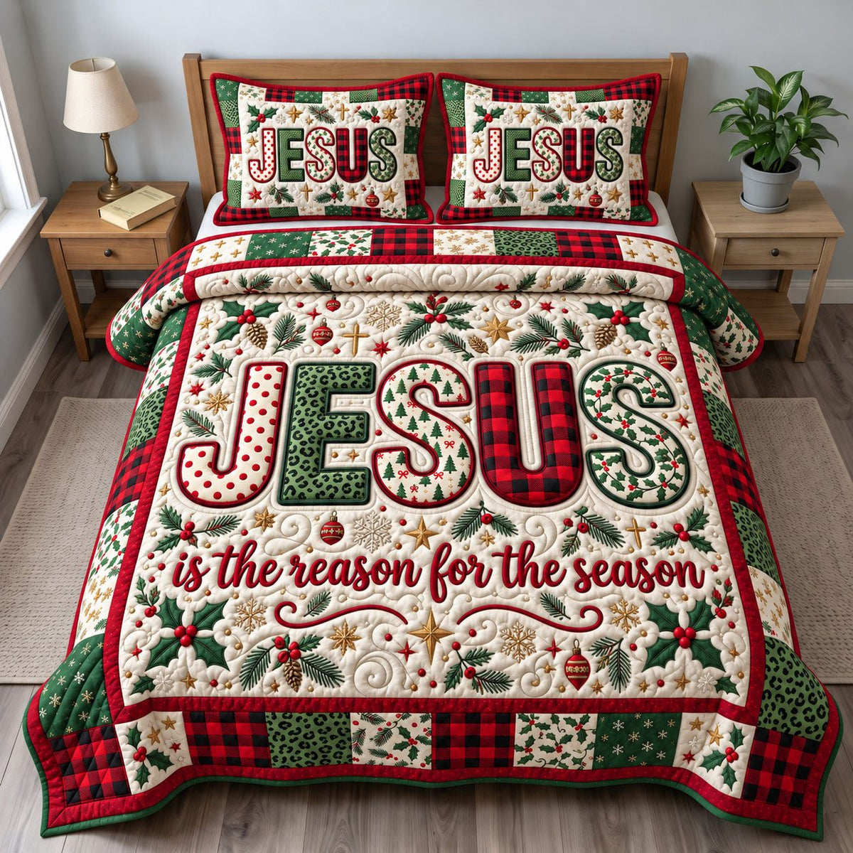 Plaid Letters Jesus Reason Christmas quilted 3-piece bedding set on a made bed in a winter-styled bedroom
