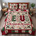 Plaid Letters Jesus Reason Christmas quilted 3-piece bedding set on a made bed in a winter-styled bedroom