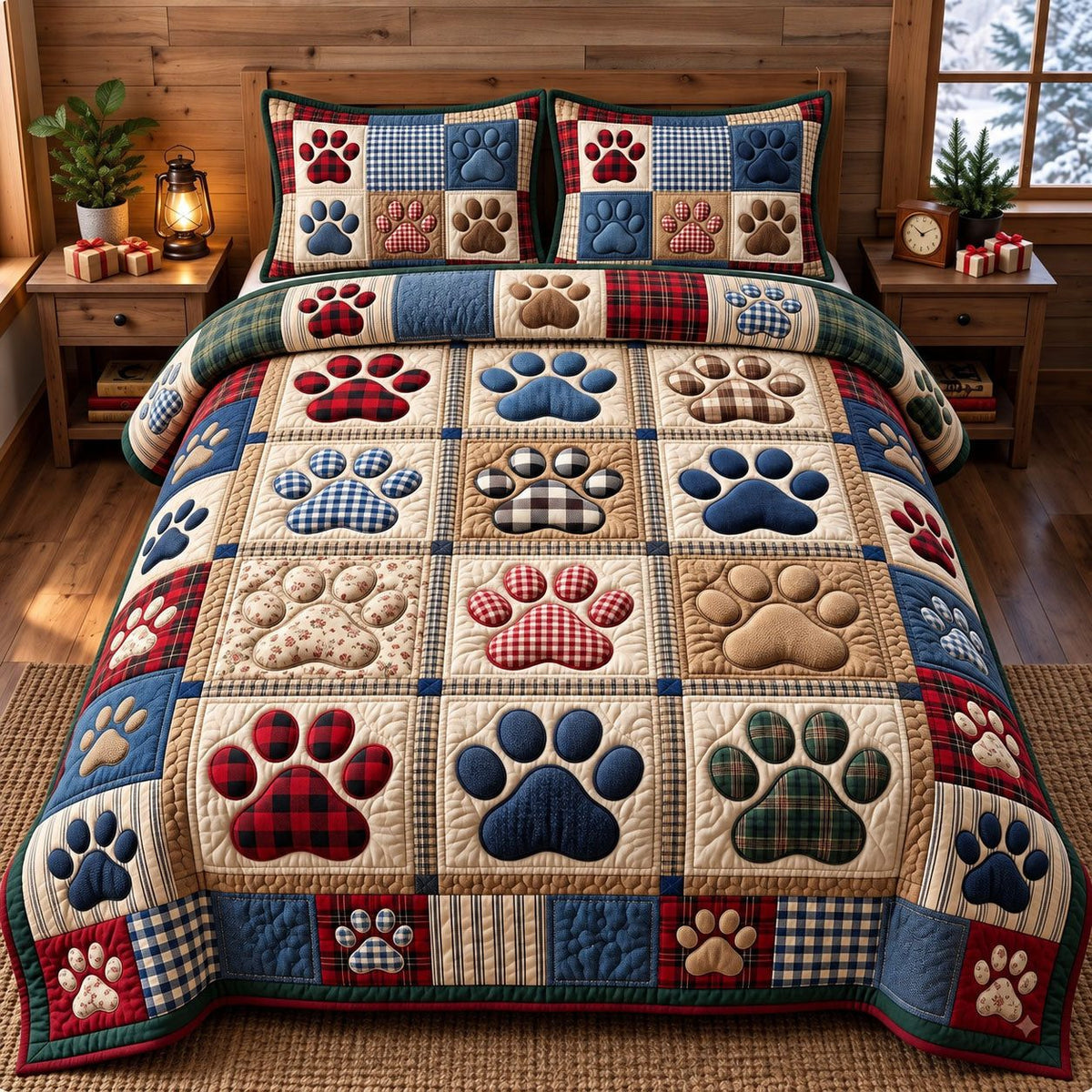 Plaid Paw Print Squares quilted 3-piece bedding set on a made bed in a farmhouse bedroom