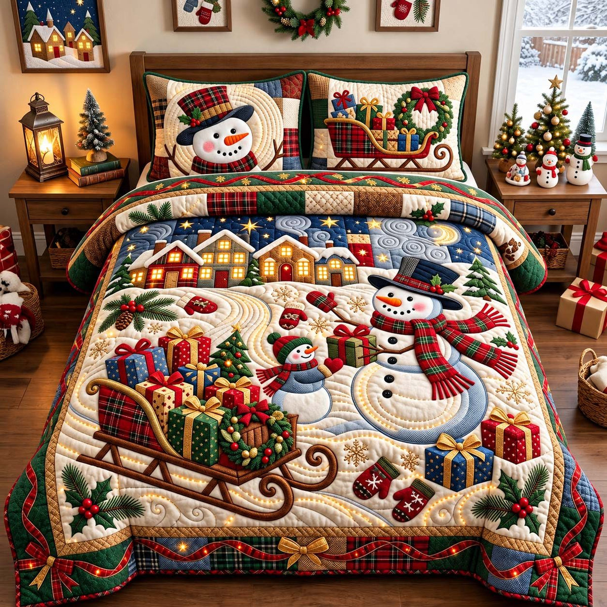 Plaid Snowman Gifts quilted 3-piece bedding set on a made bed in a winter-styled bedroom