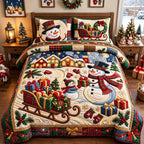 Plaid Snowman Gifts quilted 3-piece bedding set on a made bed in a winter-styled bedroom
