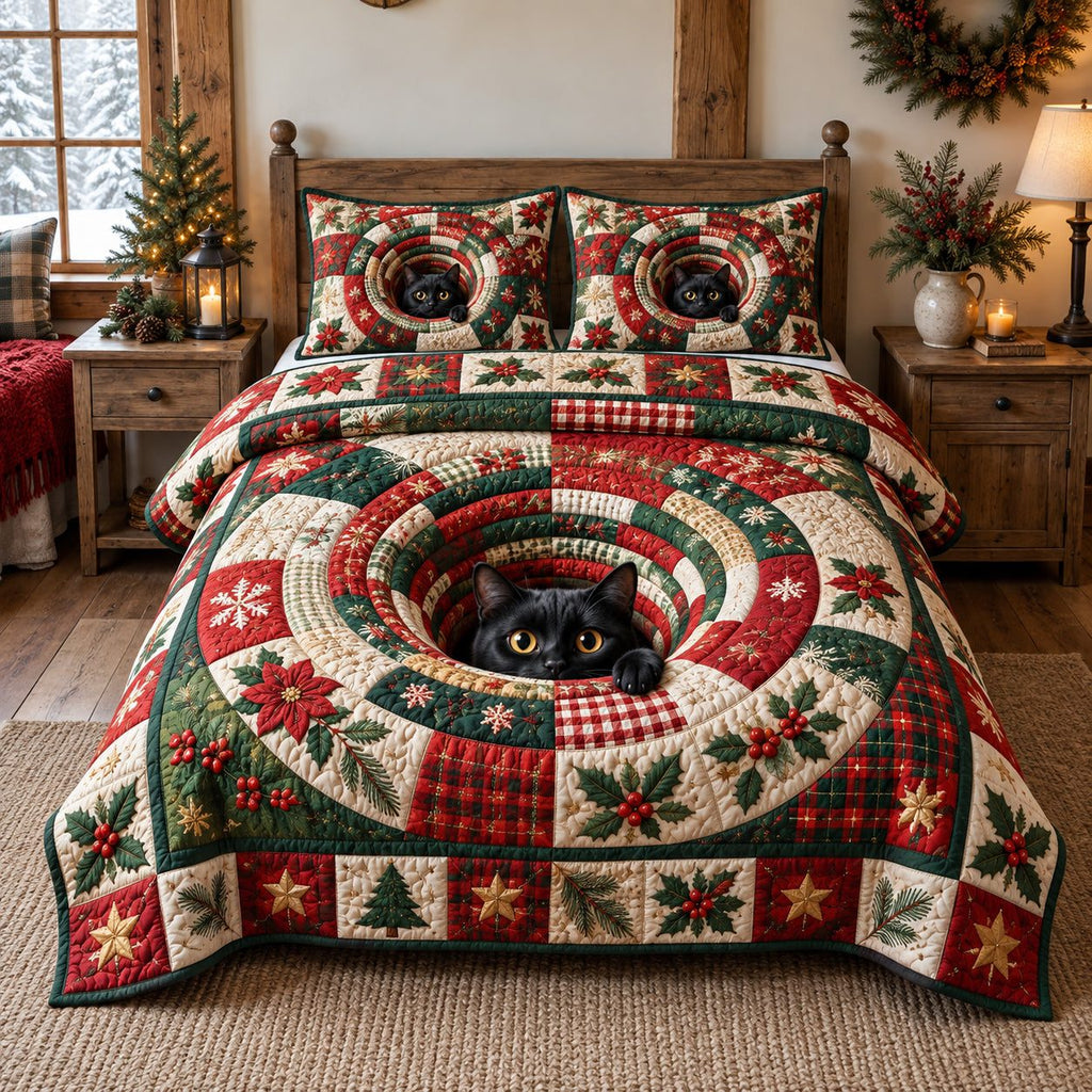 Plaid Swirl Peeking Black Cat quilted 3-piece bedding set on a made bed in a farmhouse bedroom