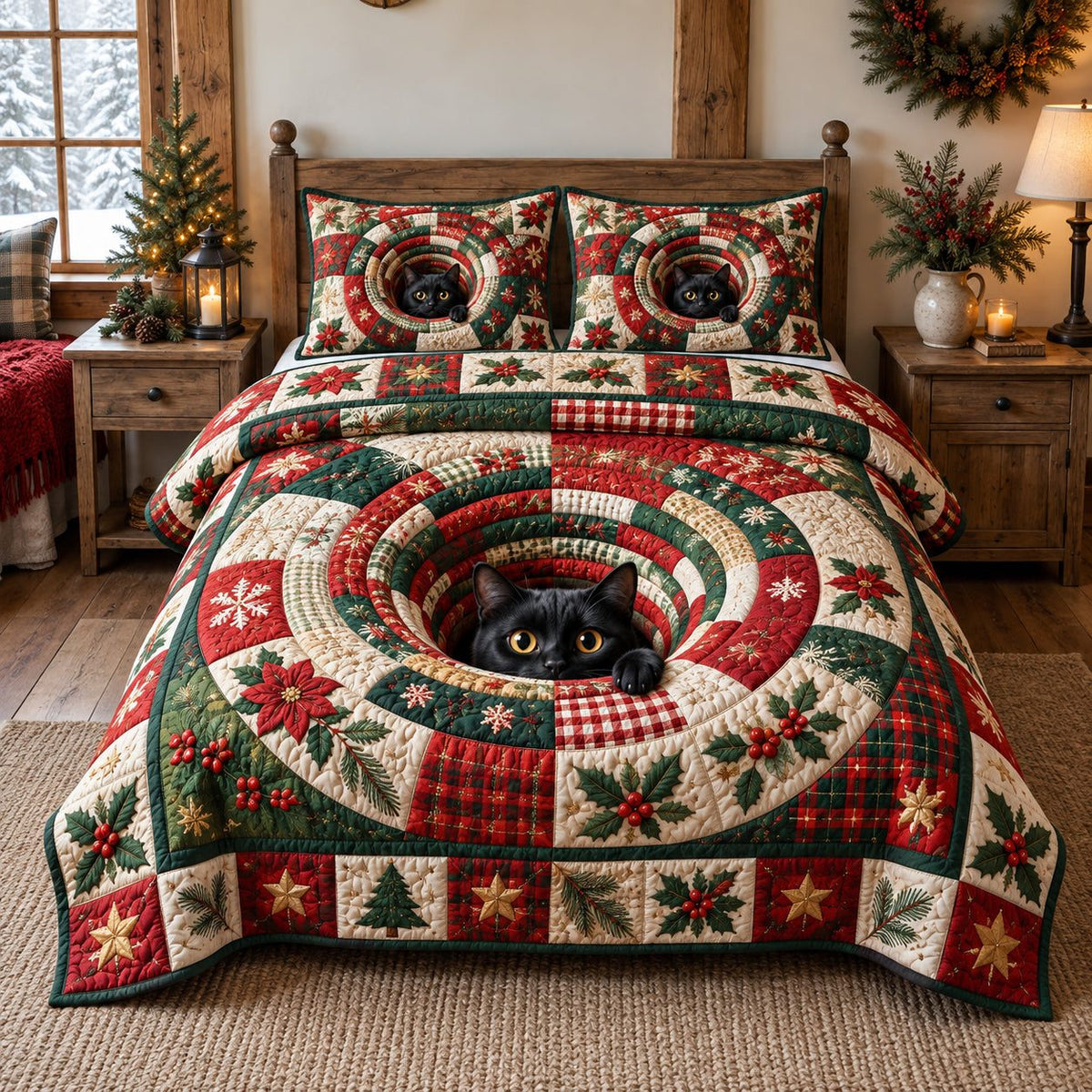 Plaid Swirl Peeking Black Cat quilted 3-piece bedding set on a made bed in a farmhouse bedroom