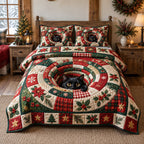 Plaid Swirl Peeking Black Cat quilted 3-piece bedding set on a made bed in a farmhouse bedroom