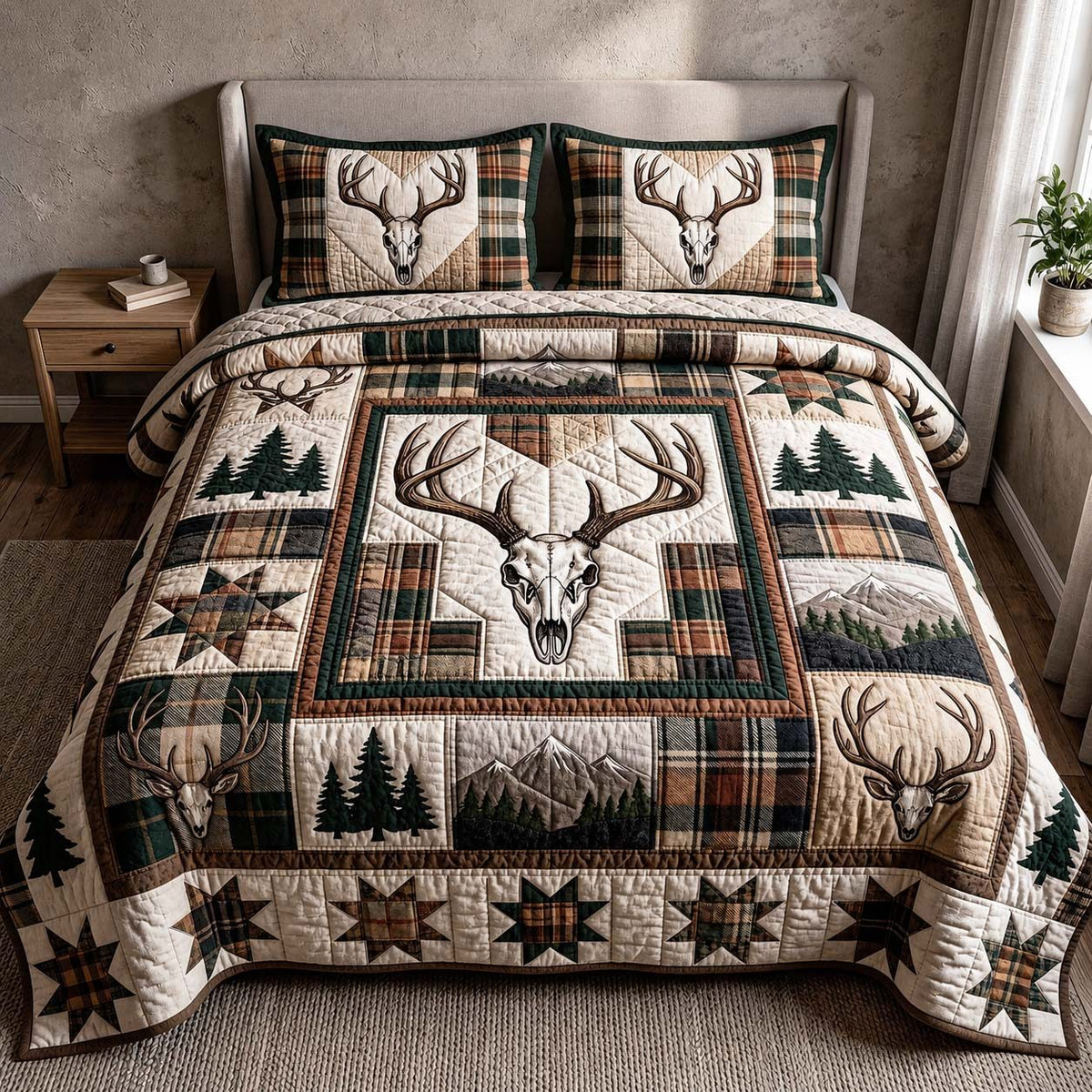 Plaid Wilderness quilted 3-piece bedding set on a made bed in a farmhouse bedroom