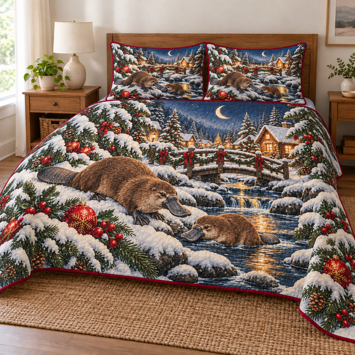 Platypus Moon Creek printed Christmas quilt and two matching pillow shams; design mockup showing a flat printed depth effect.