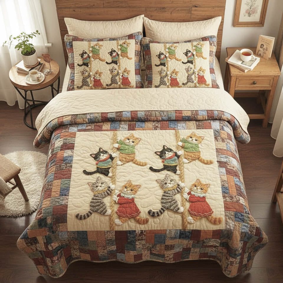 Playful Kittens Cream quilted 3-piece bedding set on a made bed with two matching pillow shams