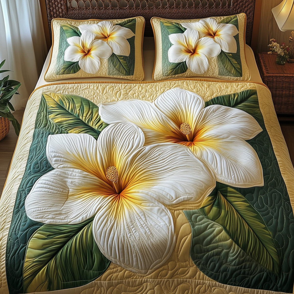 Plumeria Dreams White quilted 3-piece bedding set on a made bed with two matching pillow shams