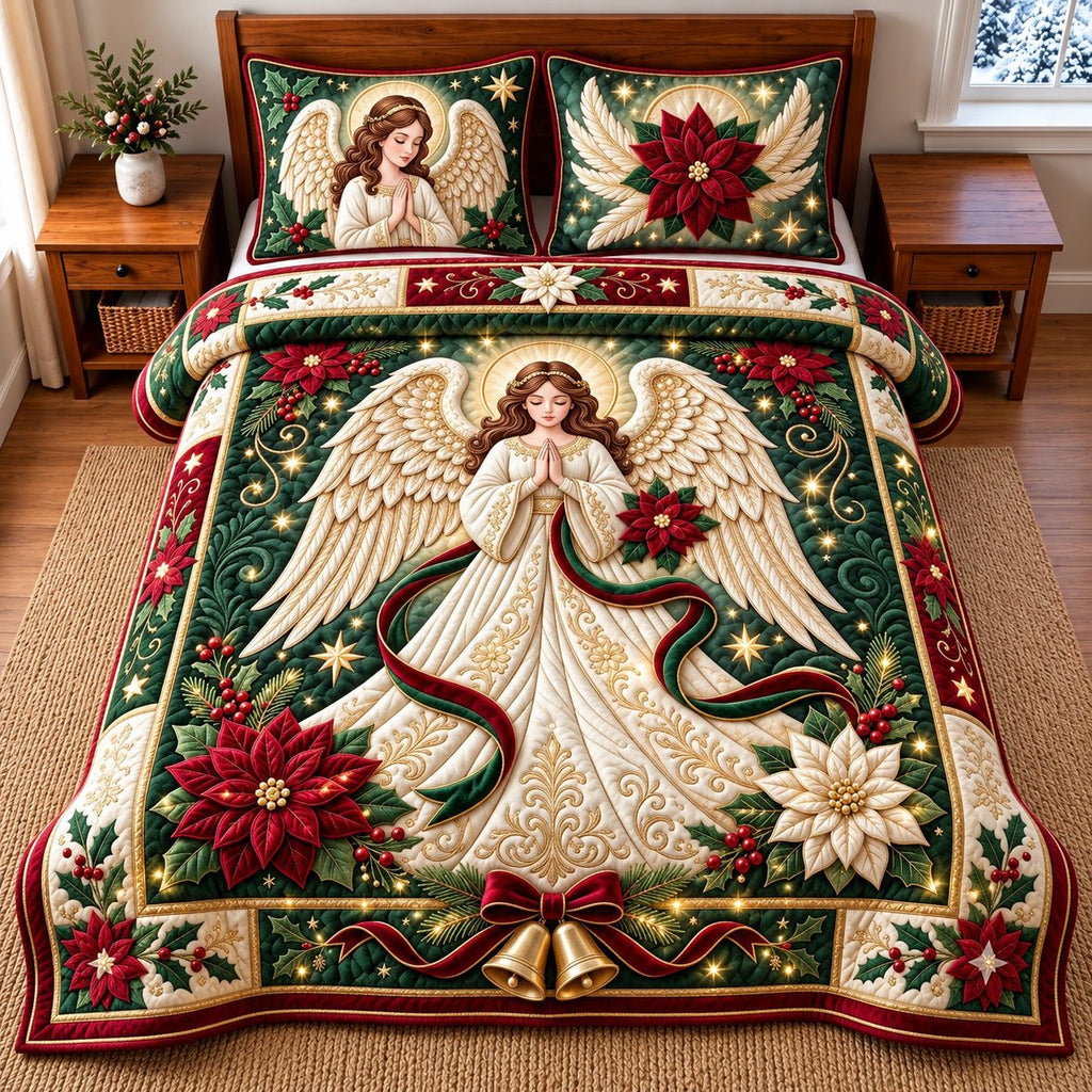 Poinsettia Angel quilted 3-piece bedding set on a made bed in a winter-styled bedroom