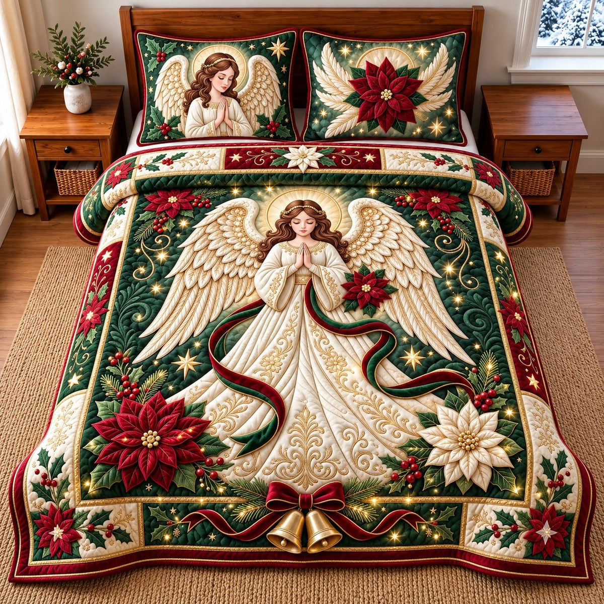 Poinsettia Angel quilted 3-piece bedding set on a made bed in a winter-styled bedroom