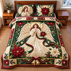 Poinsettia Angel quilted 3-piece bedding set on a made bed in a winter-styled bedroom