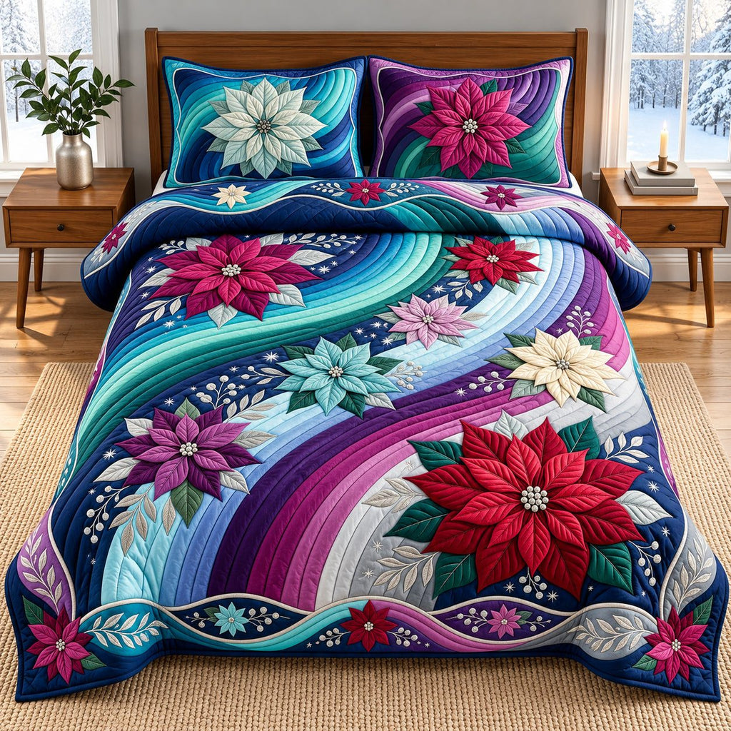 Poinsettia Aurora Waves quilted 3-piece bedding set on a made bed in a winter-styled bedroom