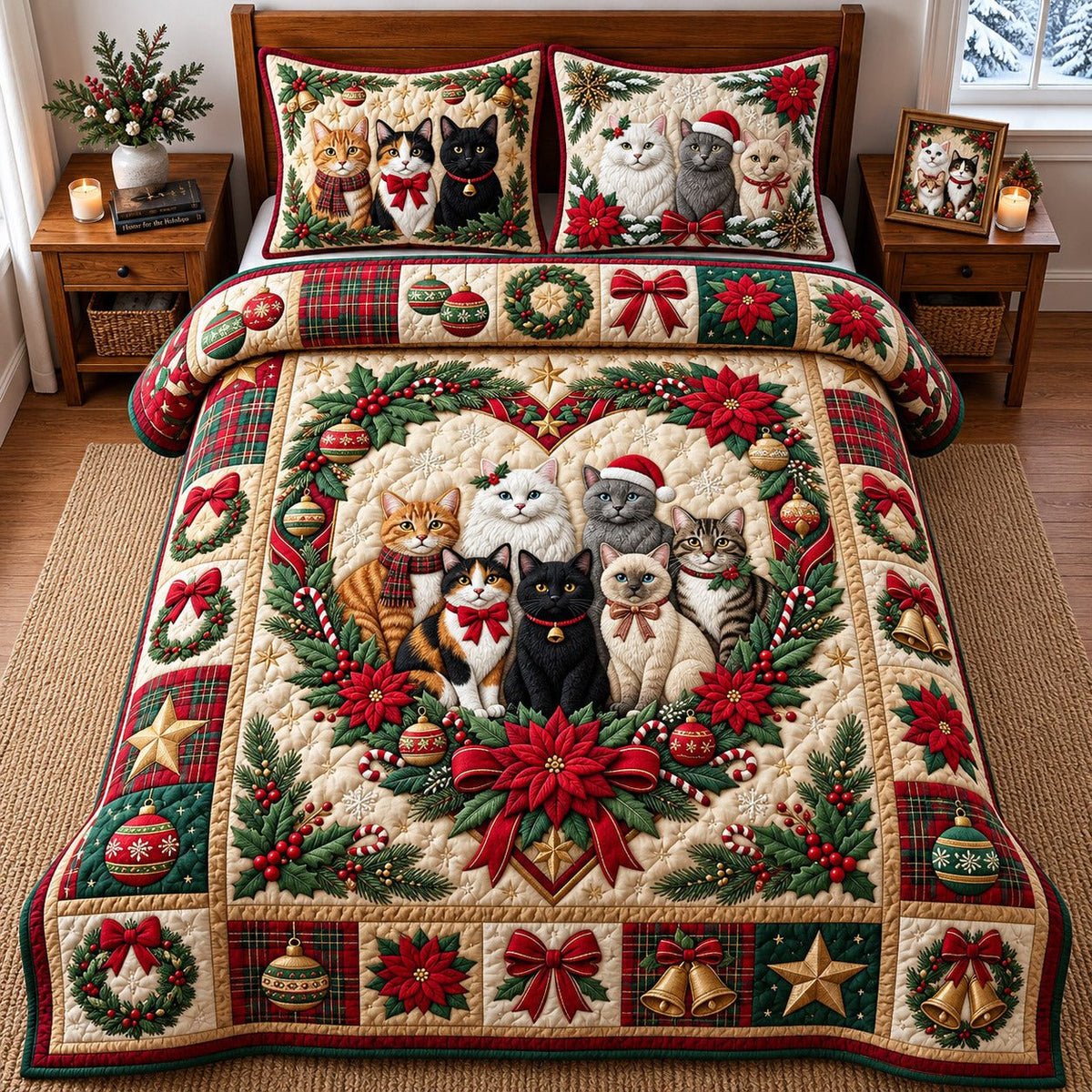 Poinsettia Cat quilted 3-piece bedding set on a made bed in a winter-styled bedroom