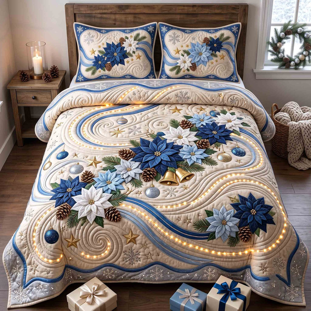 Poinsettia Charm quilted 3-piece bedding set on a made bed in a winter-styled bedroom