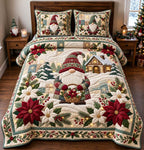 Poinsettia Christmas Gnome quilted 3-piece bedding set on a made bed in a winter-styled bedroom