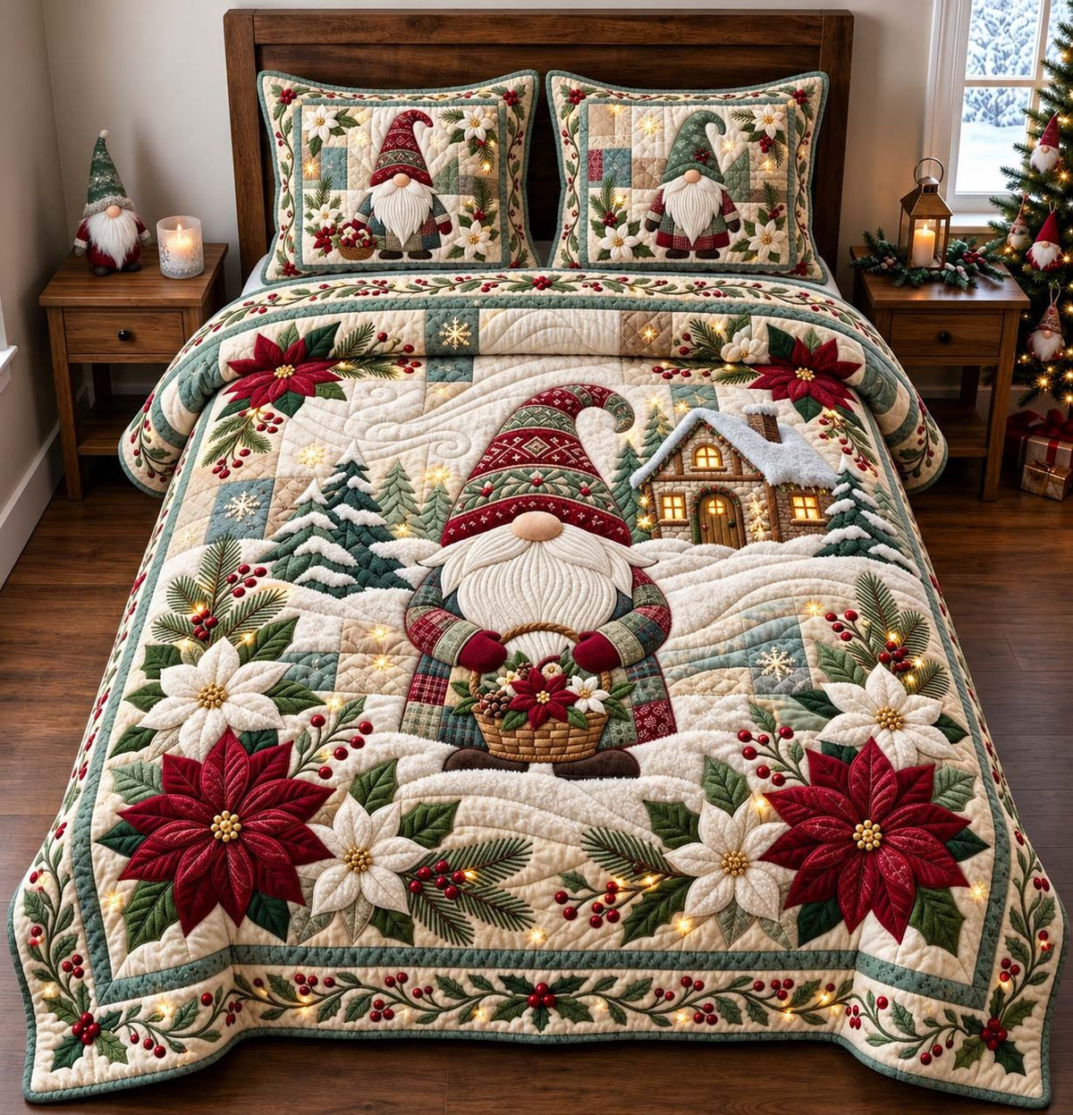 Poinsettia Christmas Gnome quilted 3-piece bedding set on a made bed in a winter-styled bedroom