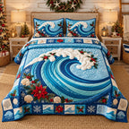 Poinsettia Ocean Wave quilted 3-piece bedding set on a made bed in a winter-styled bedroom