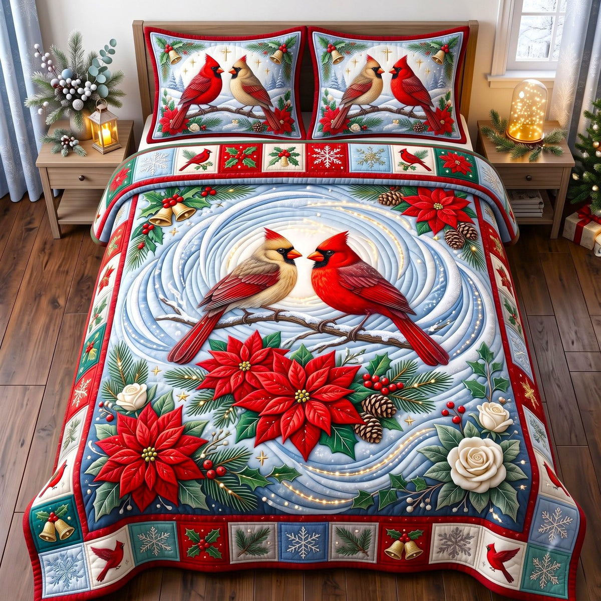 Poinsettia Pair Red Cardinal quilted 3-piece bedding set on a made bed in a winter-styled bedroom