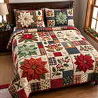 Poinsettia Patchwork quilted 3-piece bedding set on a made bed in a winter-styled bedroom