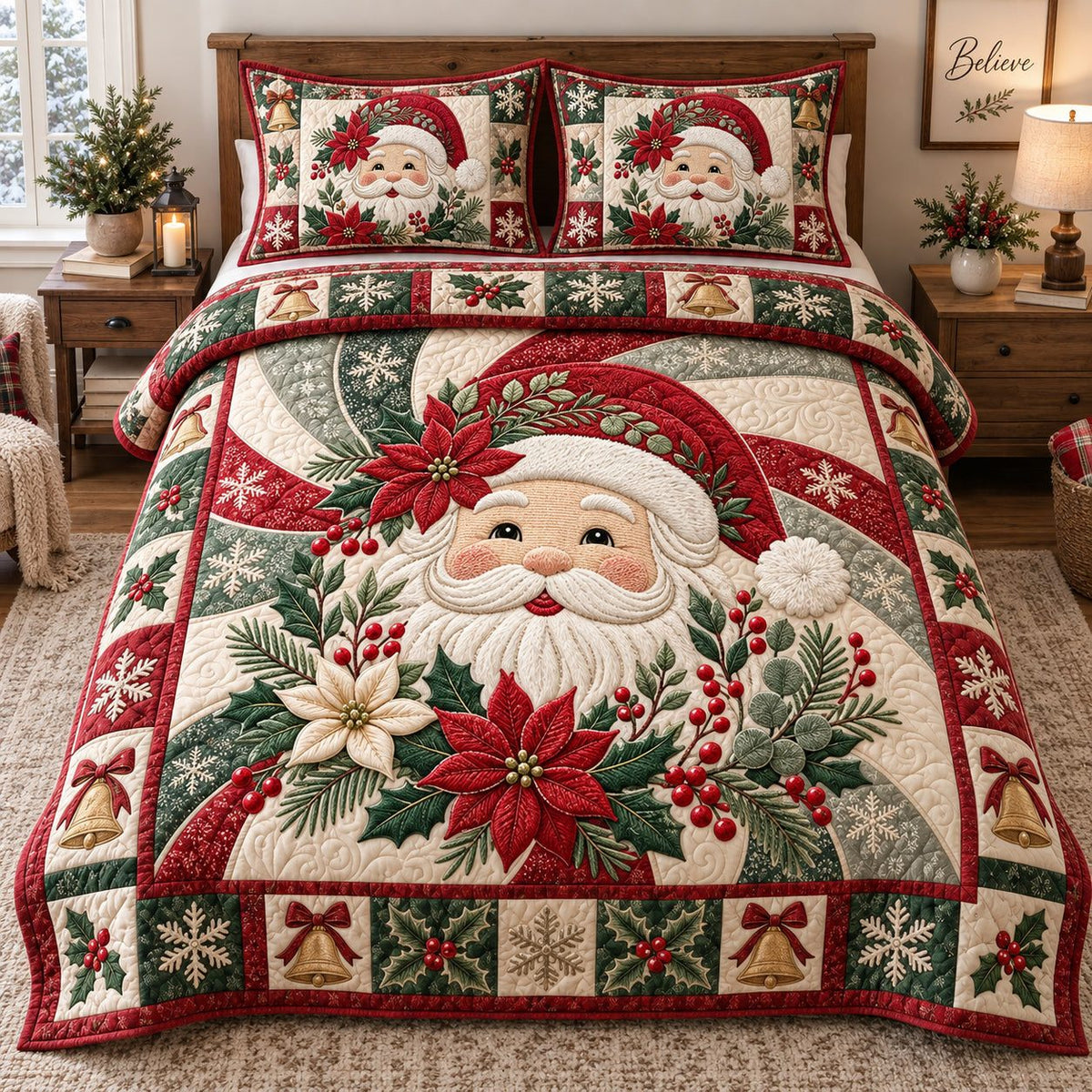 Poinsettia Santa Swirl quilted 3-piece bedding set on a made bed in a winter-styled bedroom