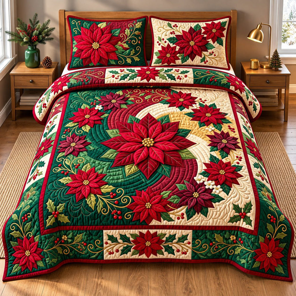 Poinsettia Spiral Wreath quilted 3-piece bedding set on a made bed in a winter-styled bedroom